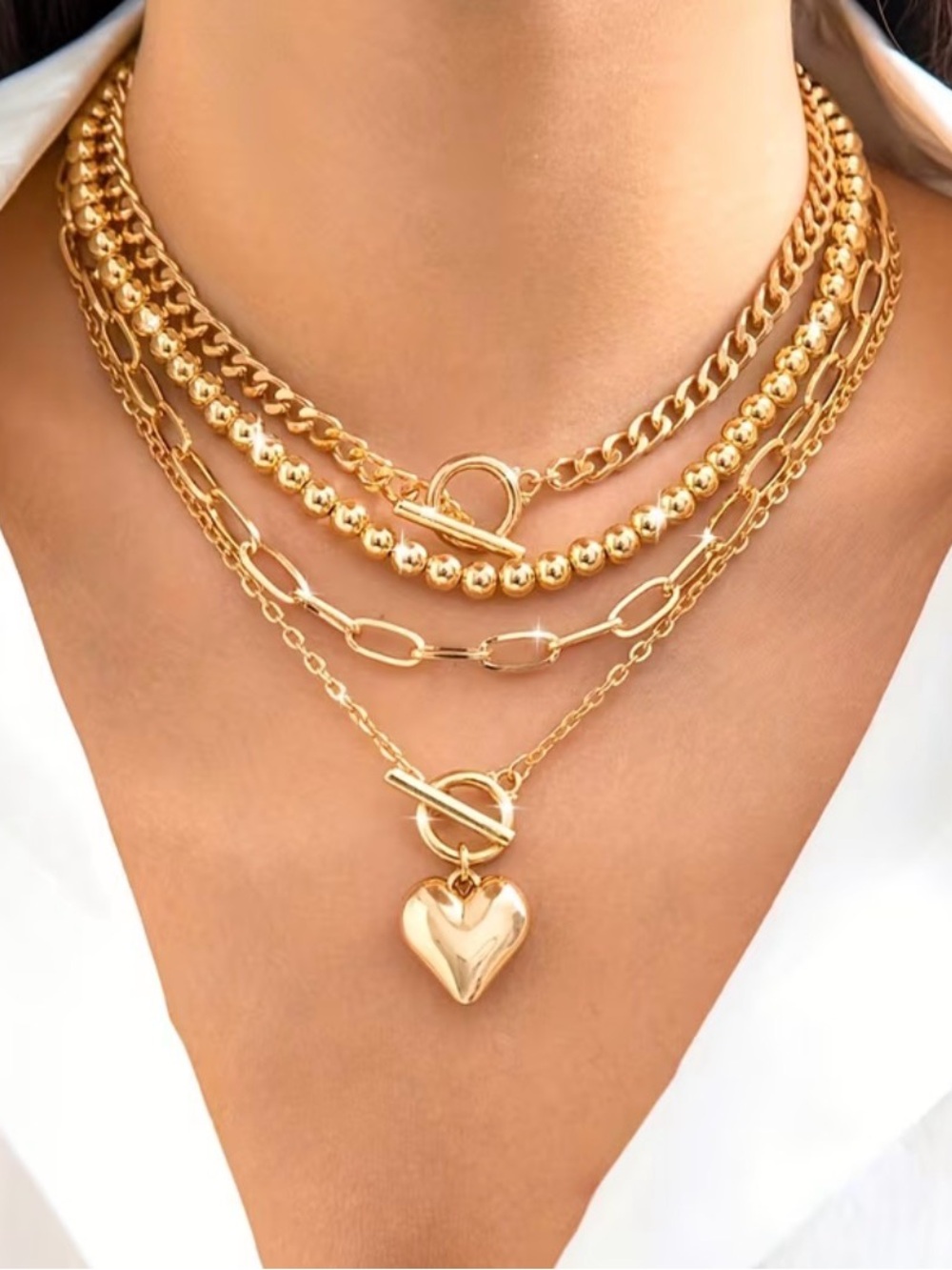 Gold Layered Heart Toggle Necklace - Women Jewelry